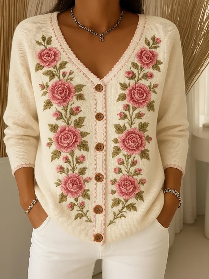 Women's Retro Pink Art Print Cardigan