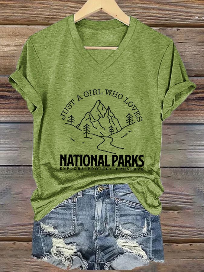 Women's Just A Girl Who Loves National Parks Printed V-Neck T-Shirt