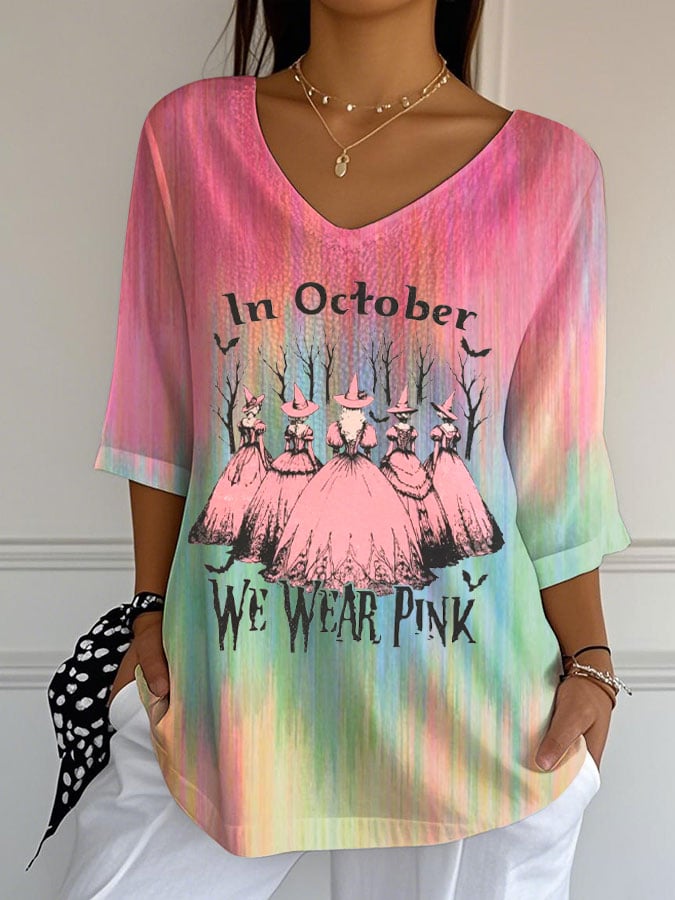Women's Breast Cancer Print Casual V-Neck Top