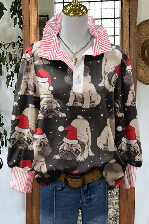 Cute Christmas Bulldog Print Puff Sleeve Blouse
