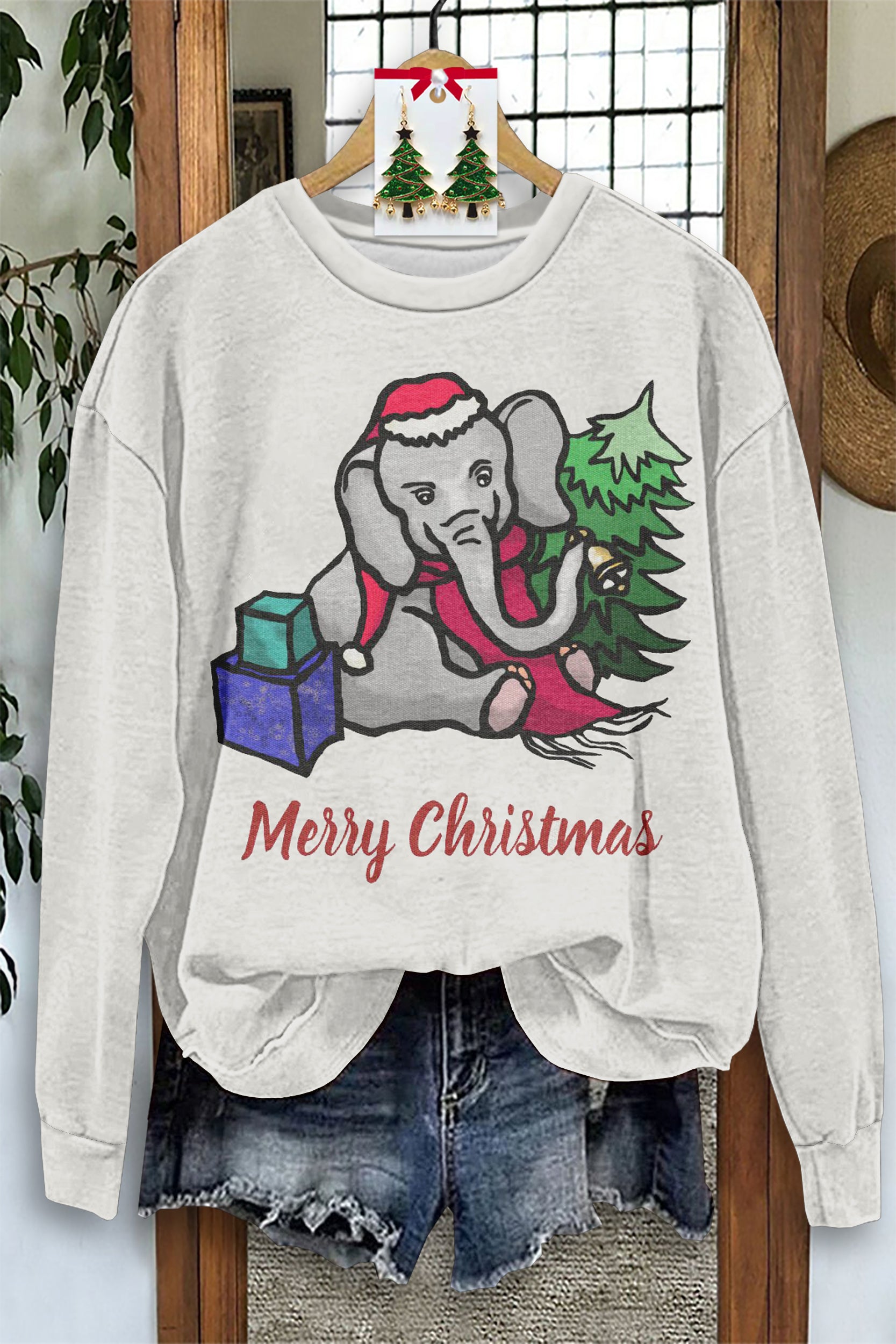 Casual Alabama Elephant Christmas Print Long Sleeve Sweatshirt