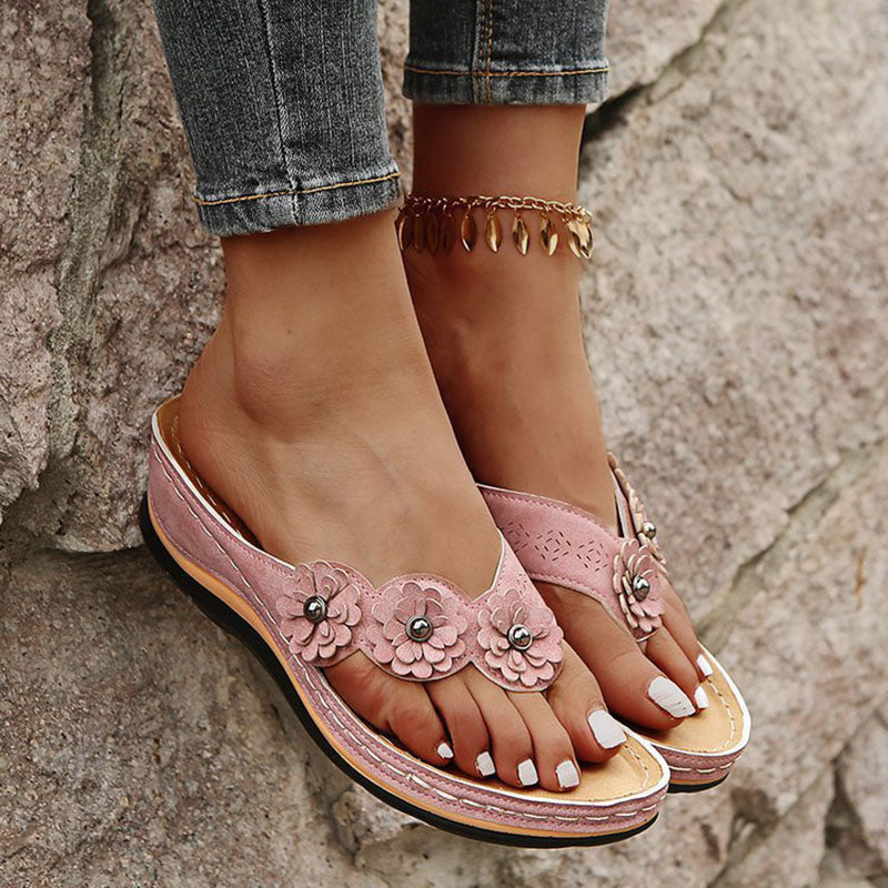 Flower Wedge Thong Slippers