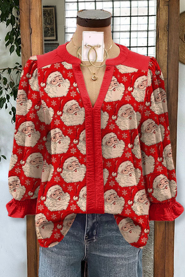 Christmas Print Contrast Color Panel V-neck Blouse