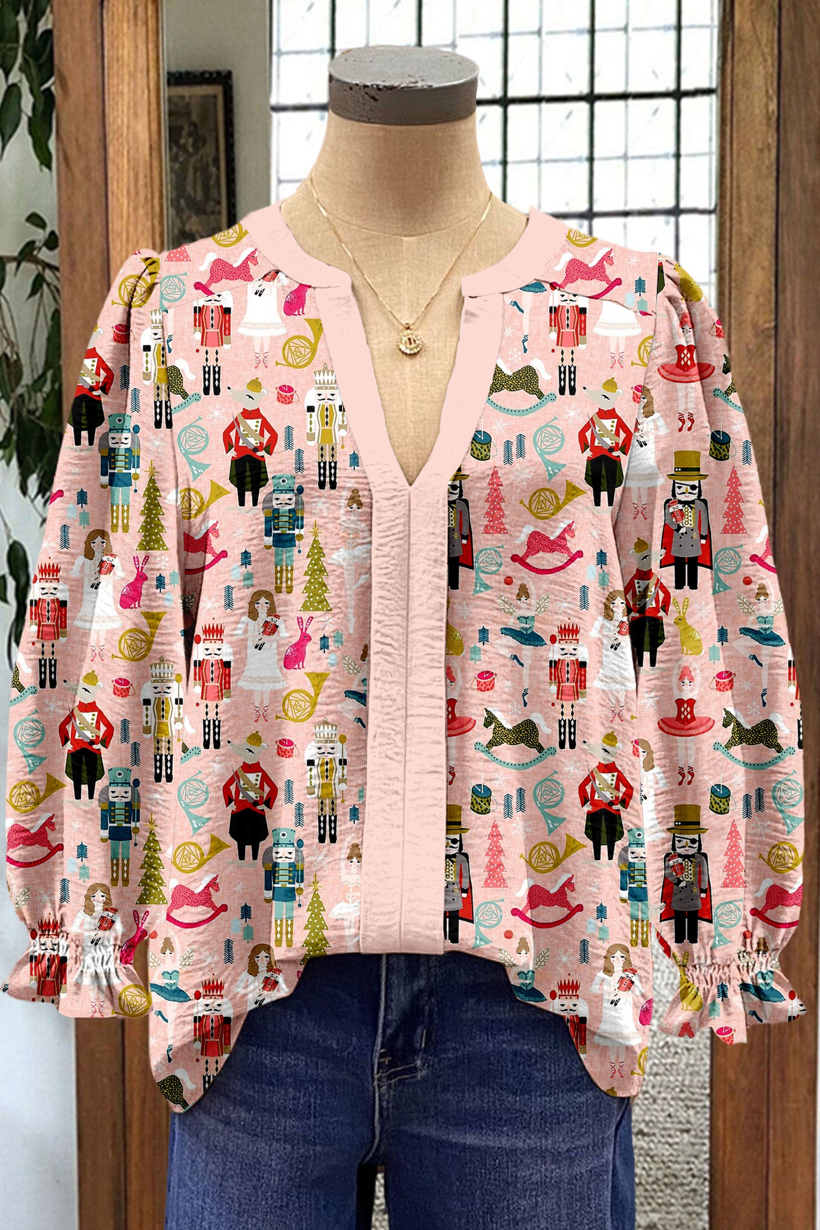 Christmas Nutcracker Print Contrast Panel V-neck Blouse