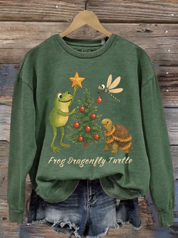 Women's Frog Dragonfly Turtle Printed Round Neck Sweatshirt
