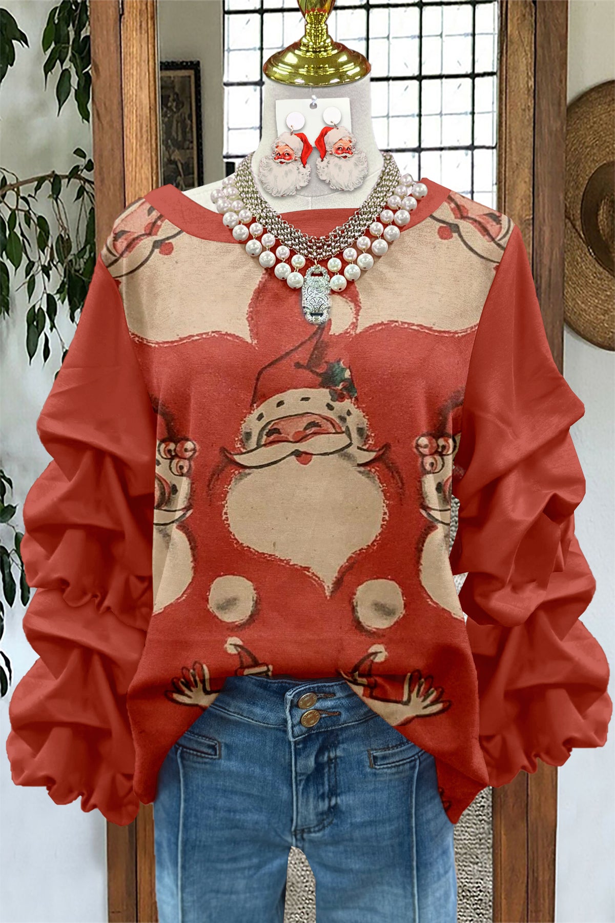 Vintage Christmas Ugly Santa Print Pleated Sweatshirt