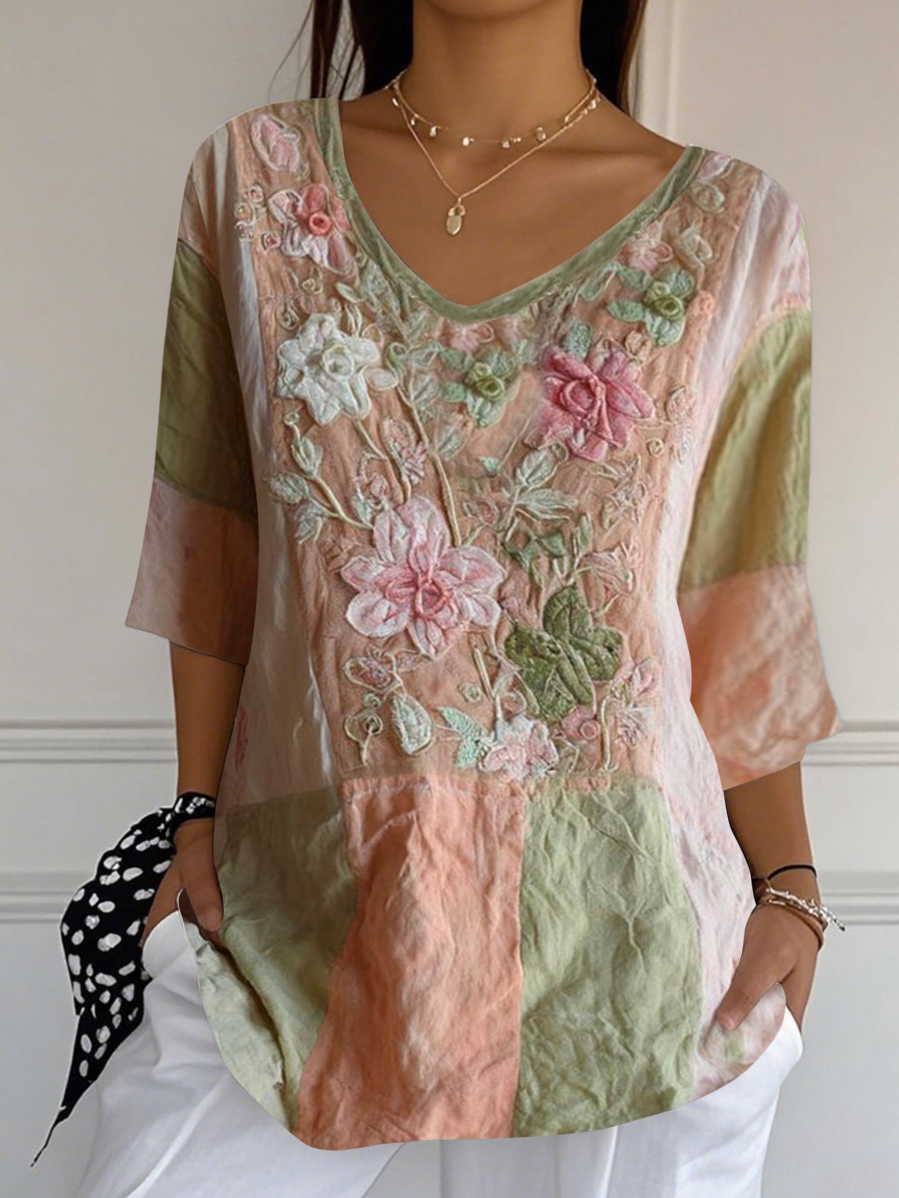 Women's summer cotton and linen elegant floral imitation embroidery print casual tops
