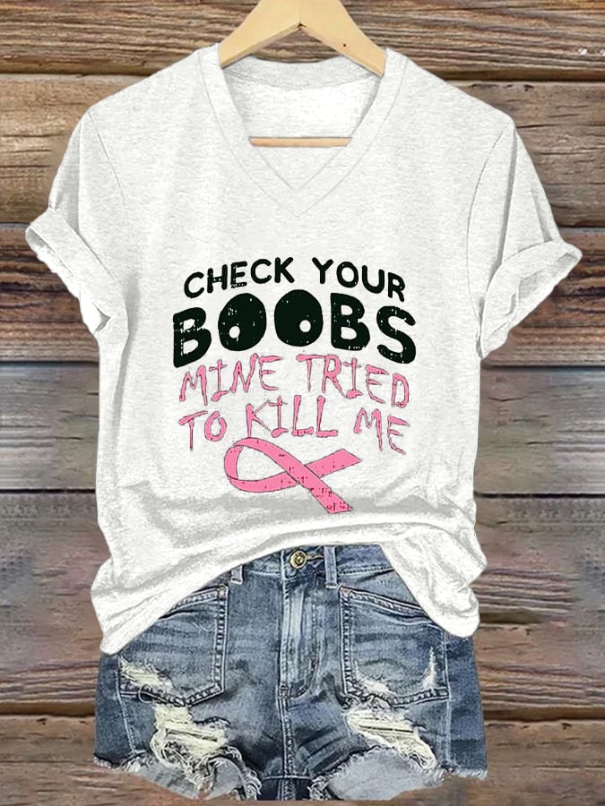 Women's Breast Cancer Awareness Printed Casual V-Neck T-Shirt