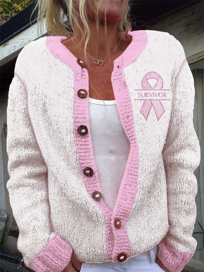 Women's Breast Cancer Printed Knitted Cardigan