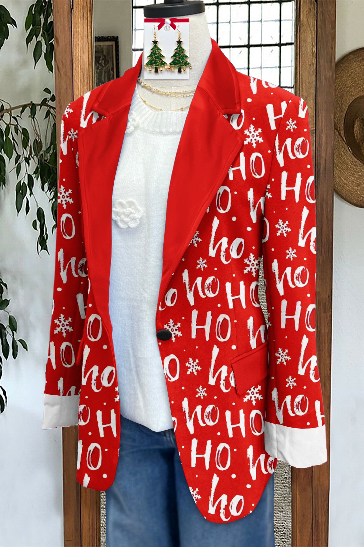 Classic Christmas Print Long Sleeve Blazer