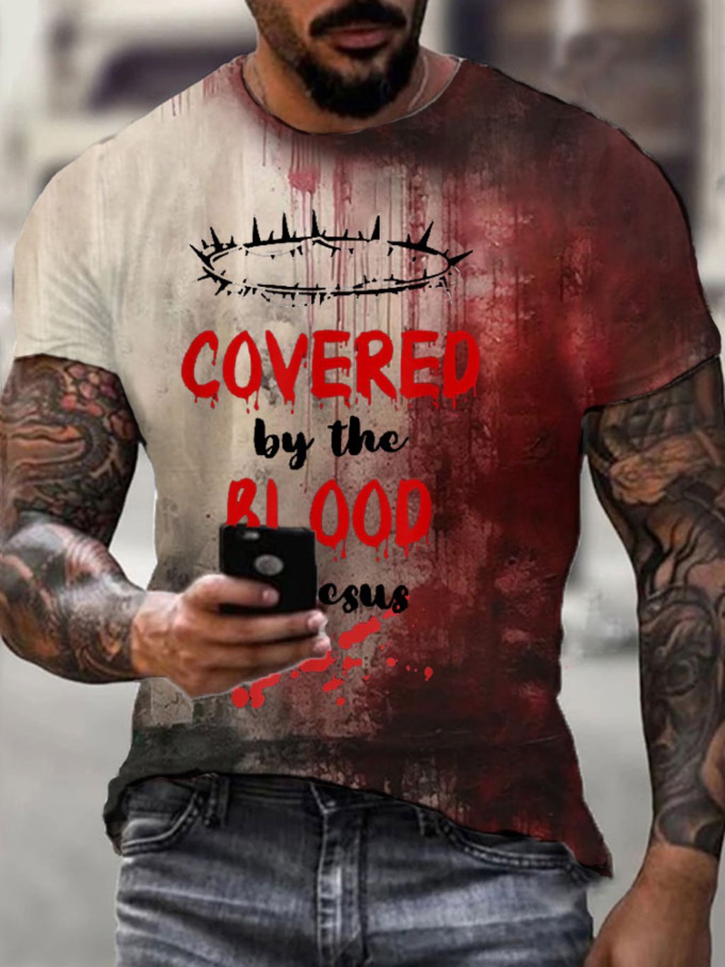 Men's Halloween Covered By The Blood of Jesus Bloody Print T-Shirt