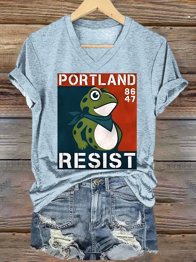V-neck Women's  Portland Frog 8647 resist Print T-Shirt