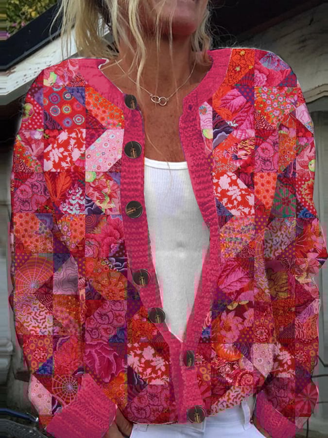 Women's Pink Breast Cancer Quilt Pattern Print Knit Cardigan