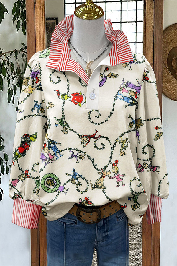 Cute Christmas Grinch Print Puff Sleeve Blouse