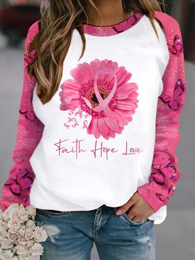 Women's Pink Breast Cancer Print Long Sleeve Crewneck Sweatshirt