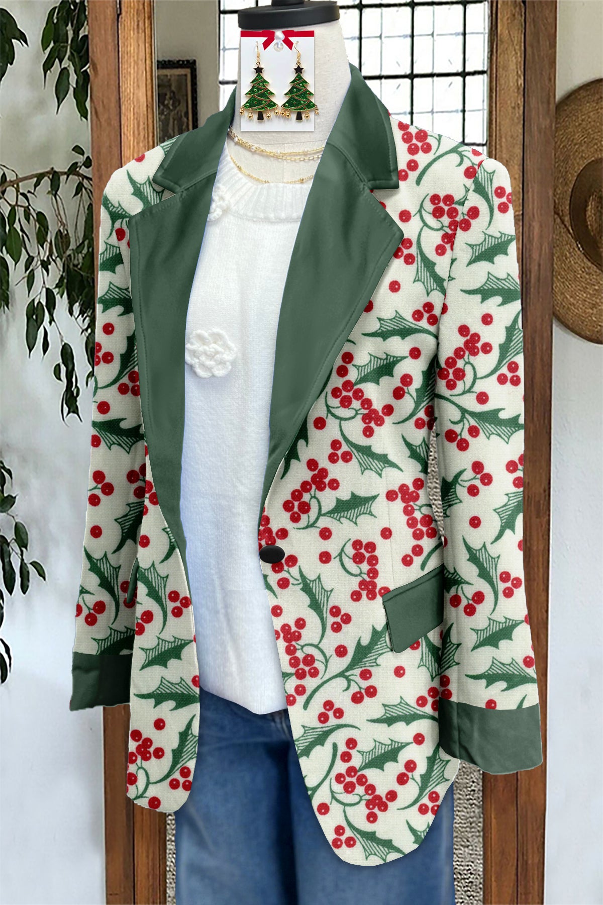 Vintage Christmas Print Long Sleeve Blazer