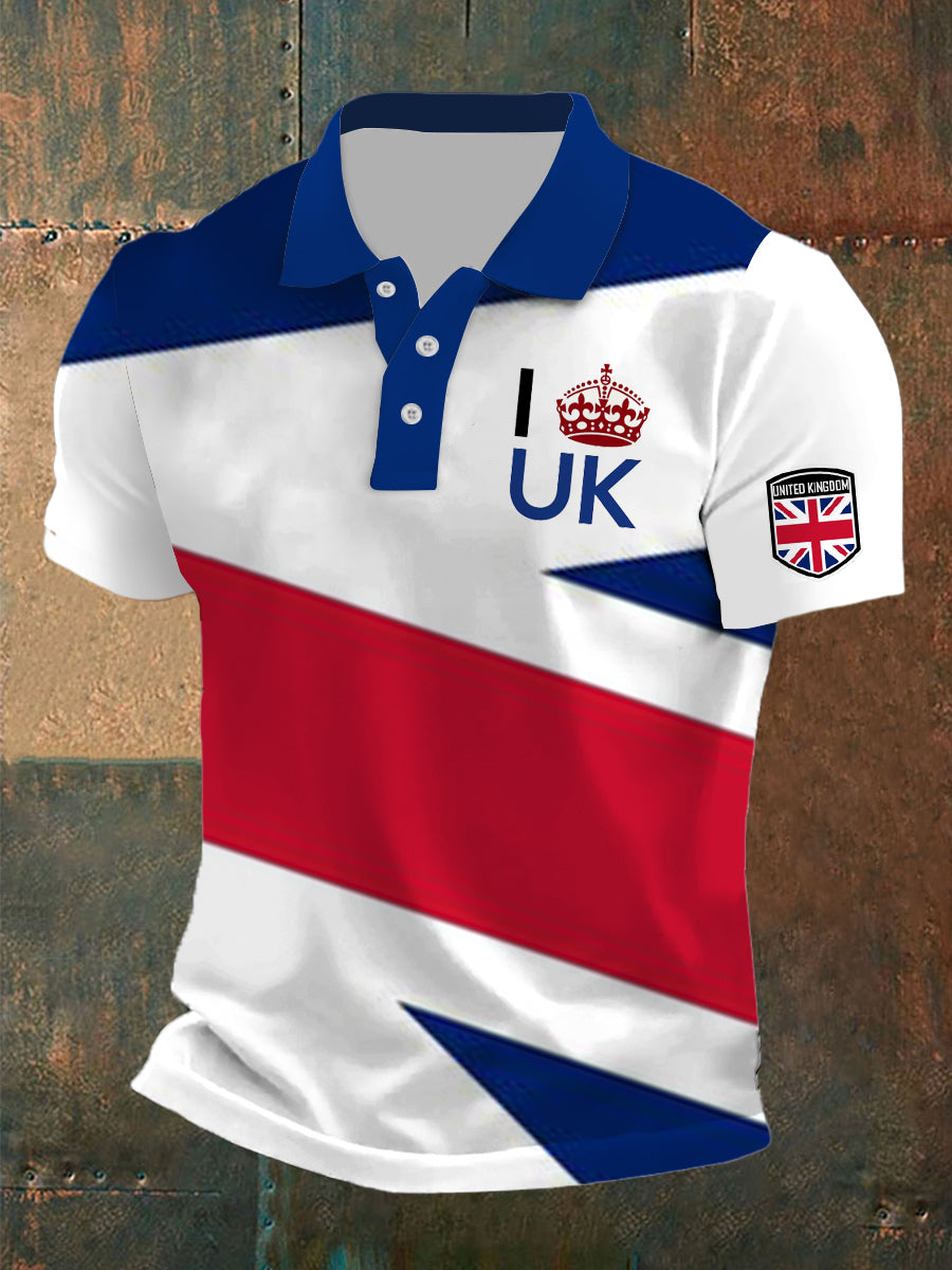 Men's British Flag Print Polo Neck Plunger Short Sleeve T-Shirt