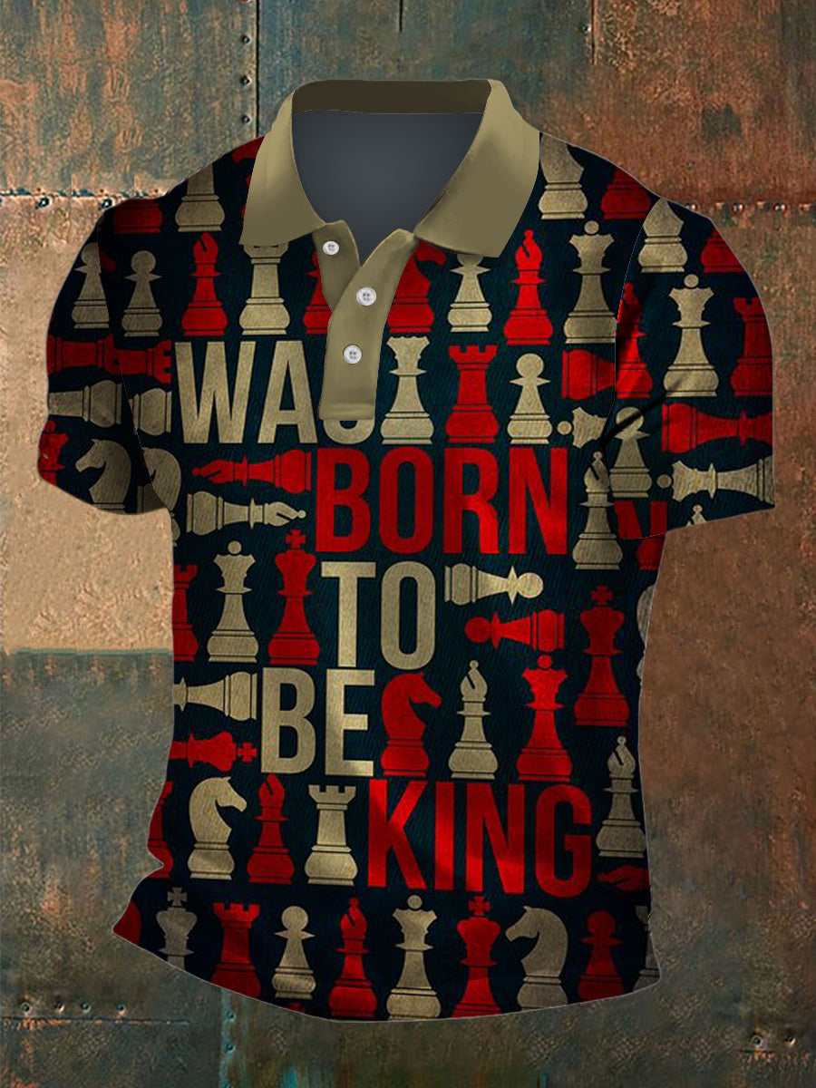 Men's Chess Print Polo Neck Plunger Short Sleeve T-Shirt