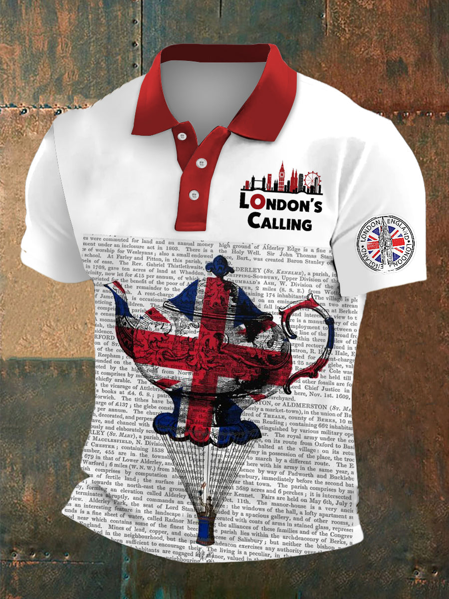 Men's British Teapot Print Polo Neck Plunger Short Sleeve T-Shirt