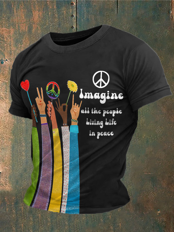 Men's Retro Music Band Imagine All The People Living Life In Peace Printed T-shirt