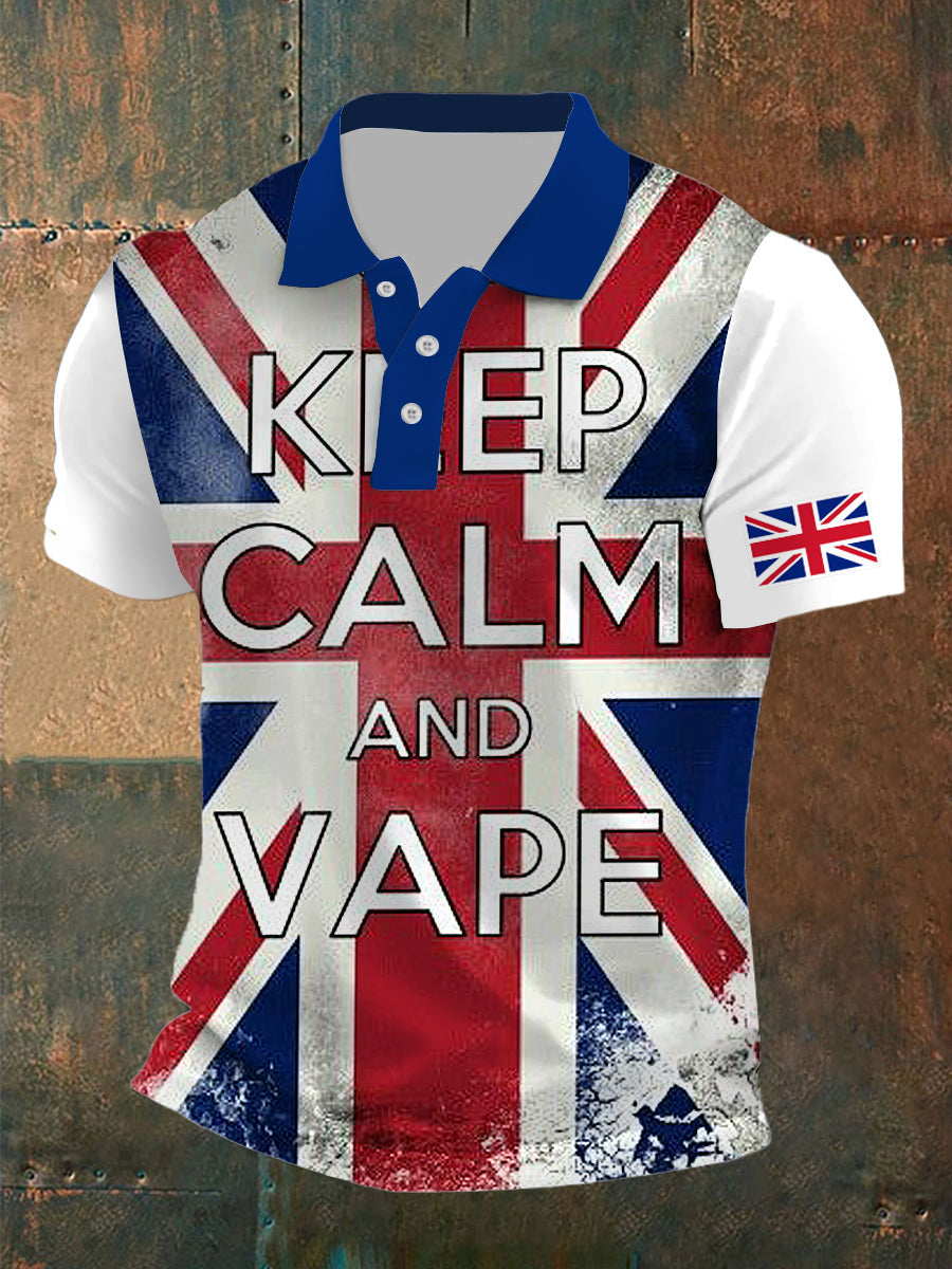 Men's Keep Calm Print Polo Neck Plunger Short Sleeve T-Shirt