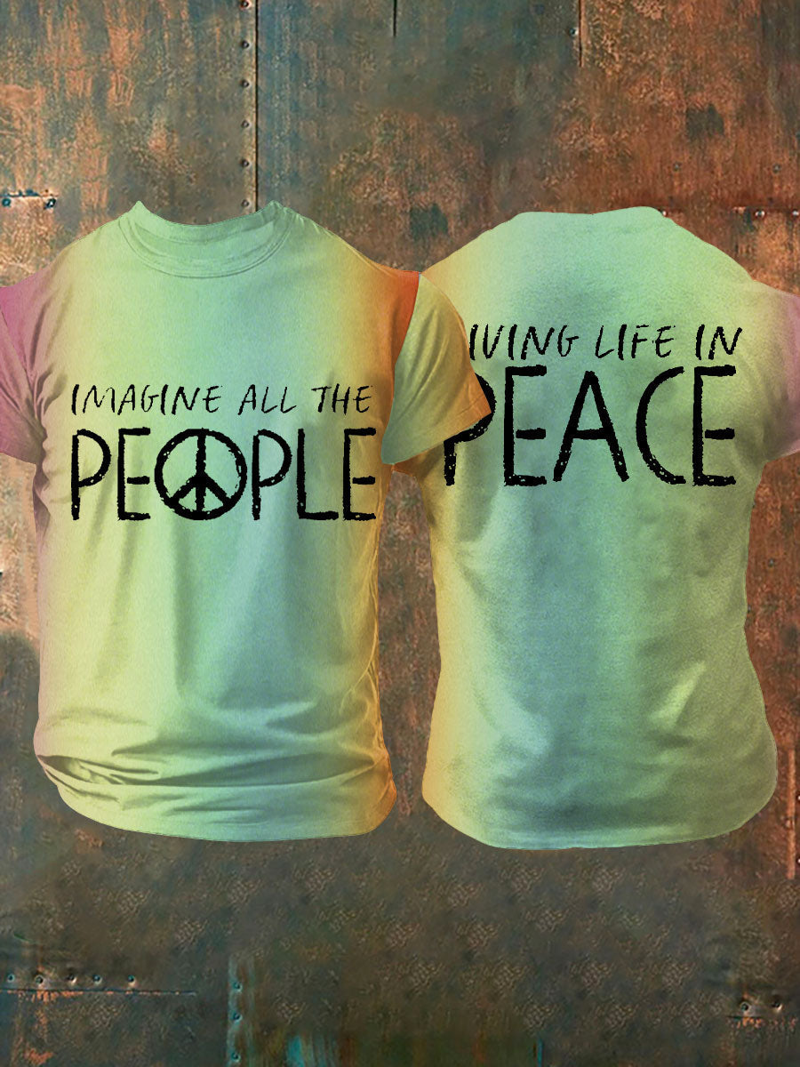 Men's Retro Music Band Imagine All The People Living Life In Peace Printed T-shirt