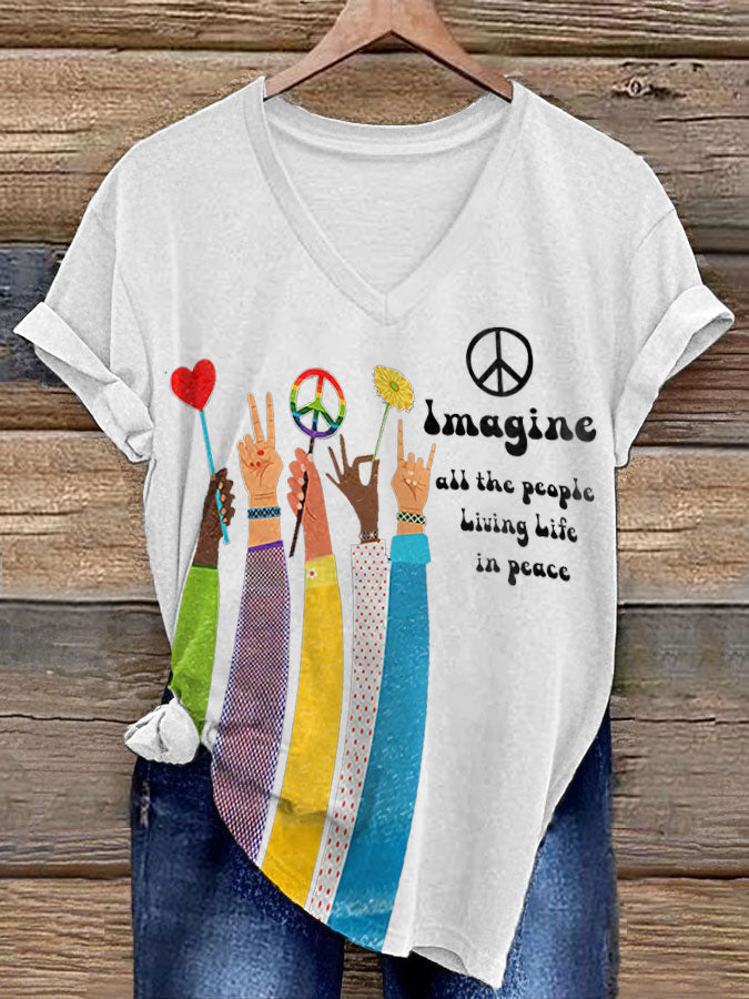 Women's Retro Music Band Imagine All The People Living Life In Peace Printed T-shirt