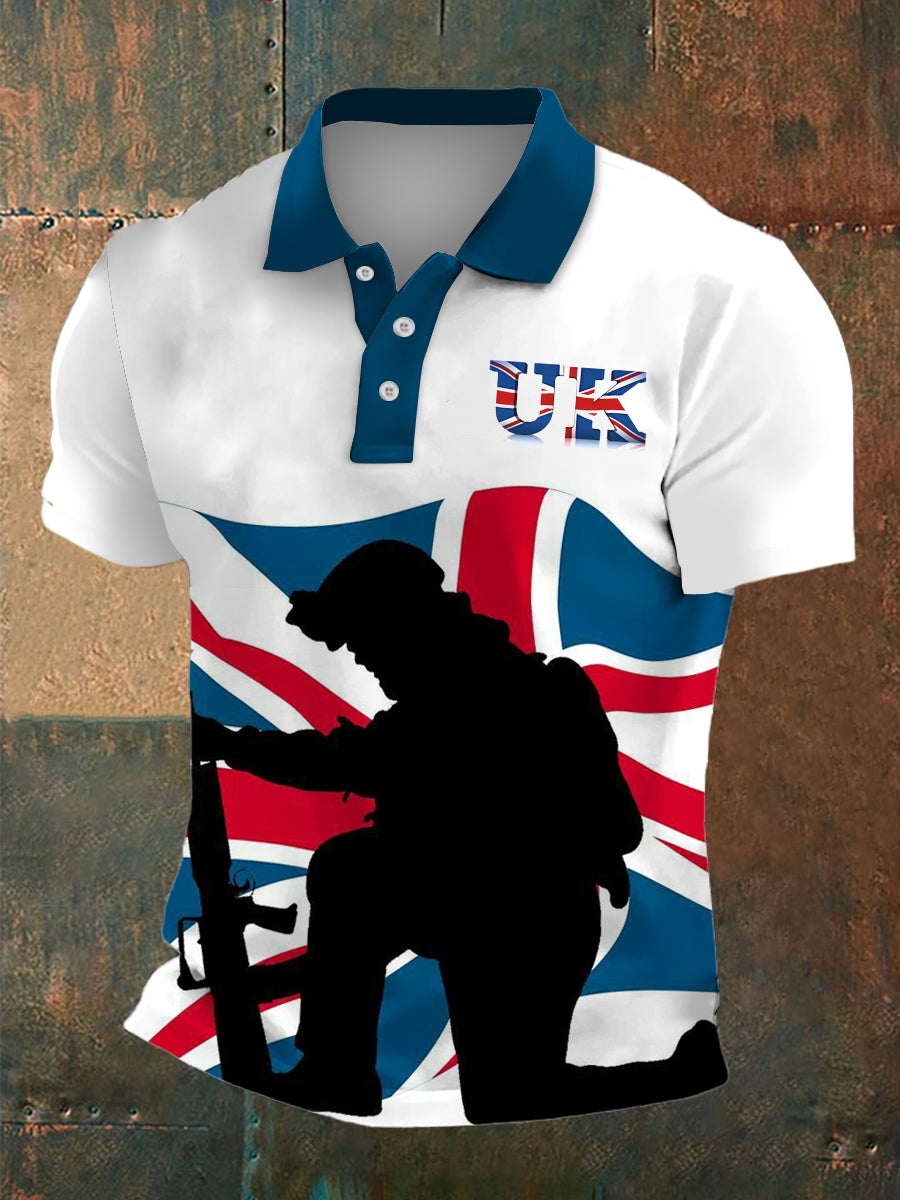 Men's Union Jack Printed Polo Neck Plunger Short Sleeve T-Shirt