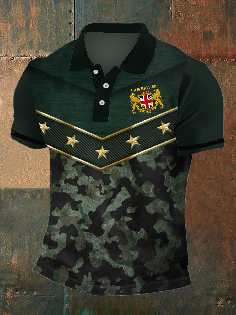 Men's Camouflage British Medal Print Polo Neck Plunger Short Sleeve T-Shirt