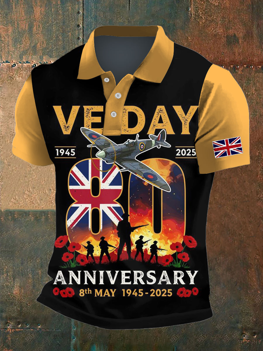 Men's VE DAY Print Polo Neck Plunger Short Sleeve T-Shirt