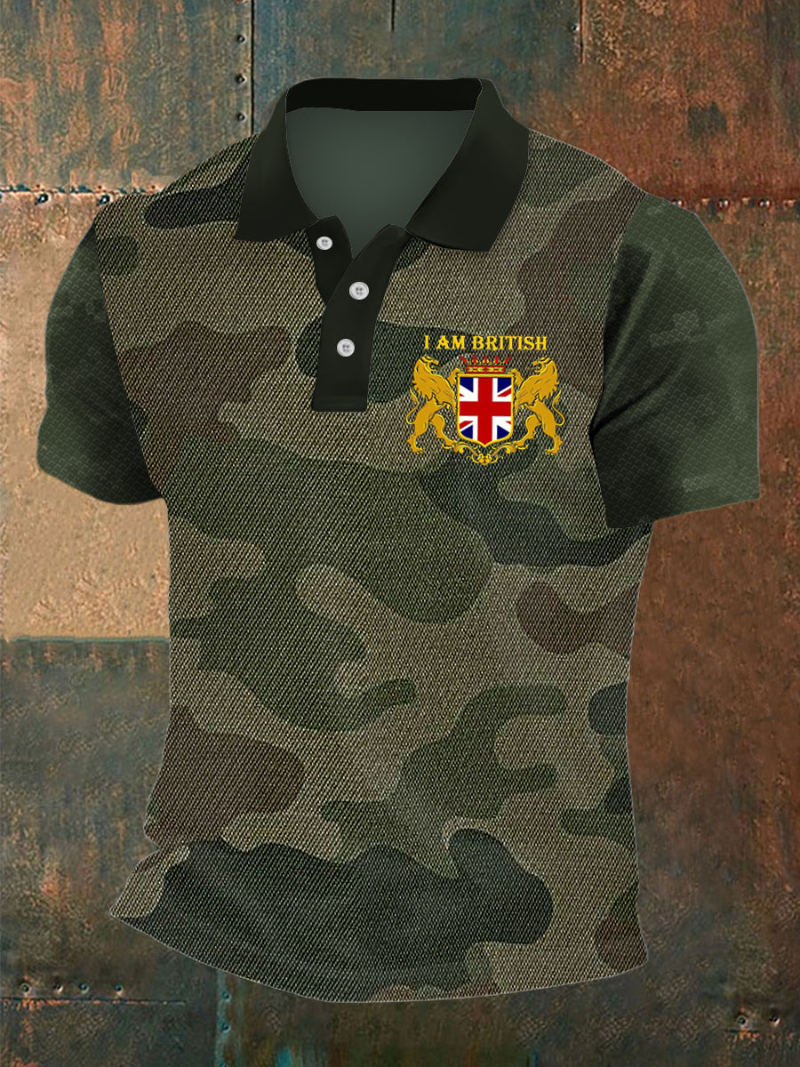 Men's Camouflage British Medal Print Polo Neck Plunger Short Sleeve T-Shirt