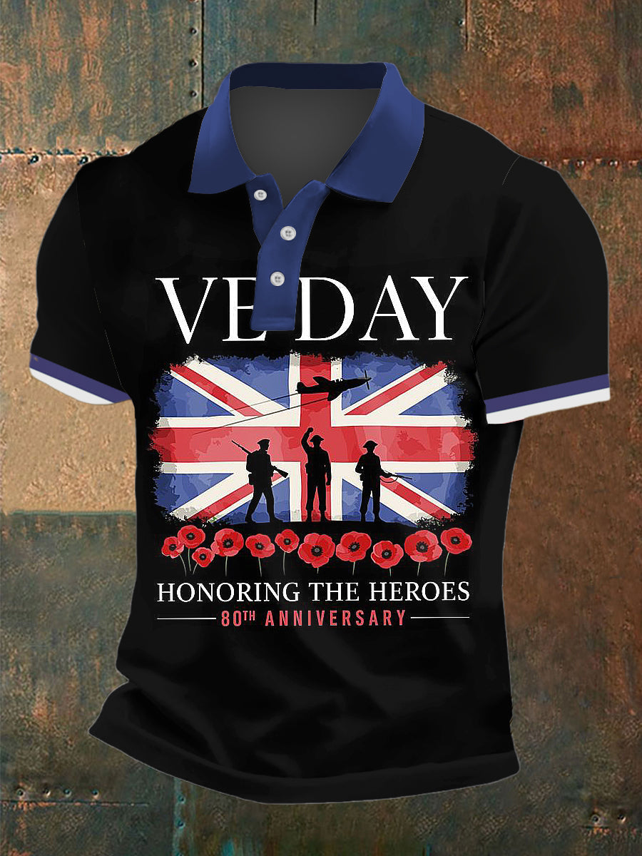 Men's VE DAY Print Polo Neck Plunger Short Sleeve T-Shirt