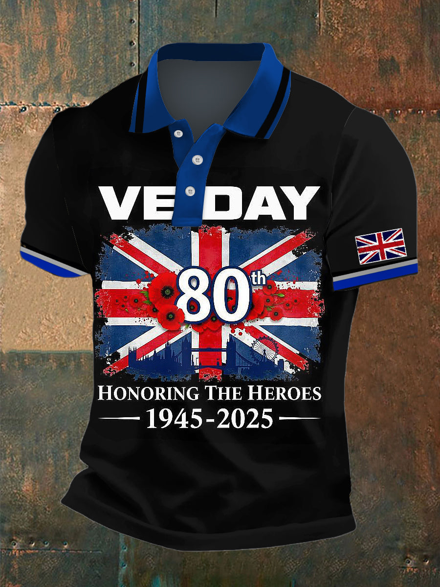 Men's VE DAY Print Polo Neck Plunger Short Sleeve T-Shirt