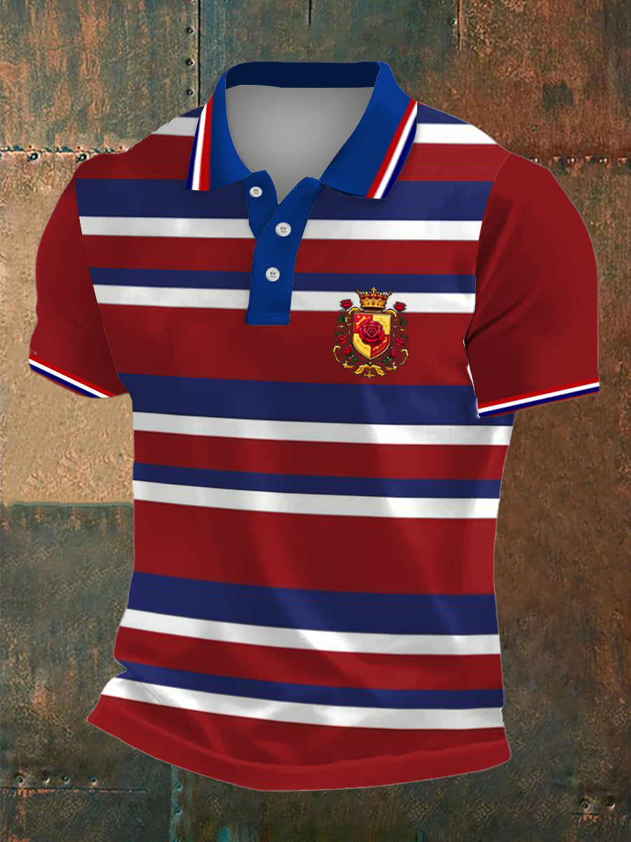 Men's Tudor Rose Shield Print Polo Neck Plunger Short Sleeve T-Shirt
