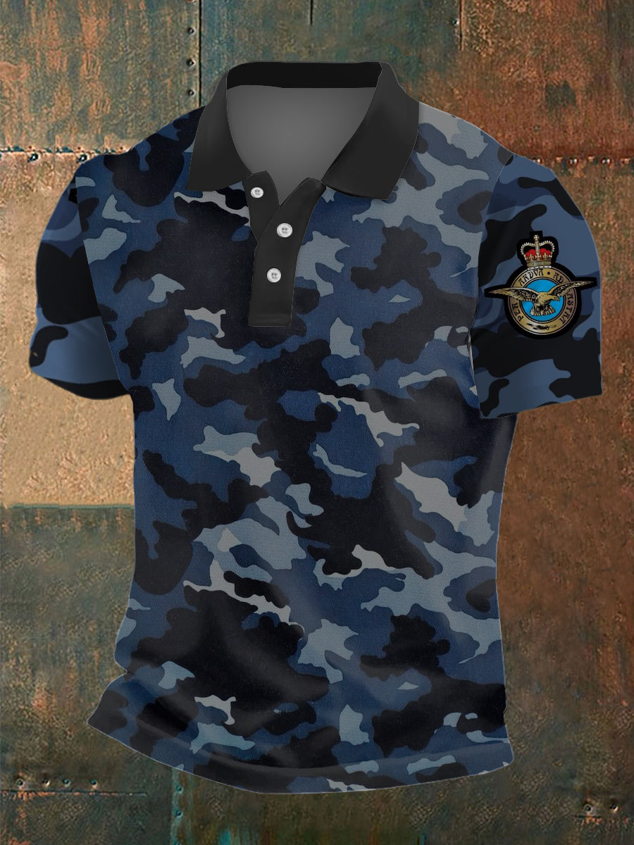 Men's British Air Force Badge Polo Neck Plunger Short Sleeve T-Shirt
