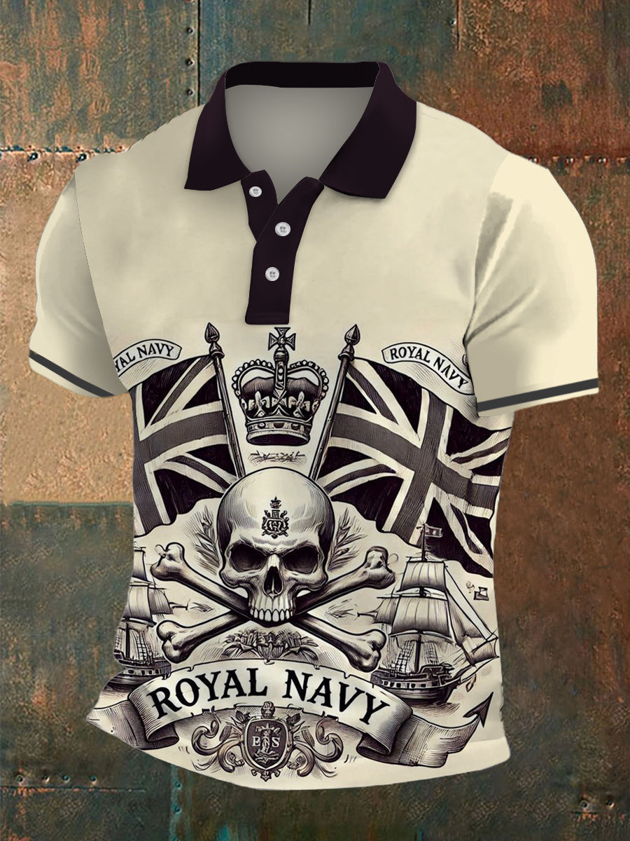 Men's Royal Navy Print Polo Neck Plunger Short Sleeve T-Shirt