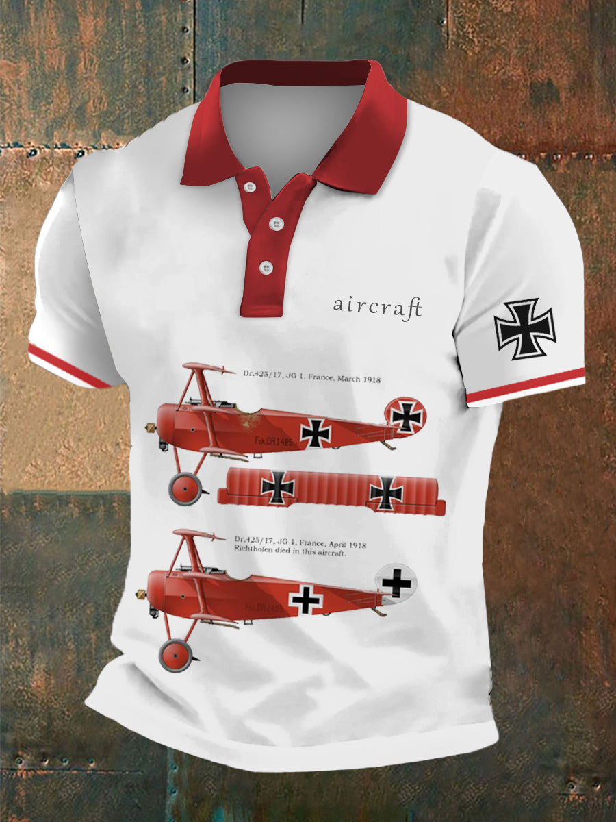 Men's England Aircraft Print Polo Neck Plunger Short Sleeve T-Shirt