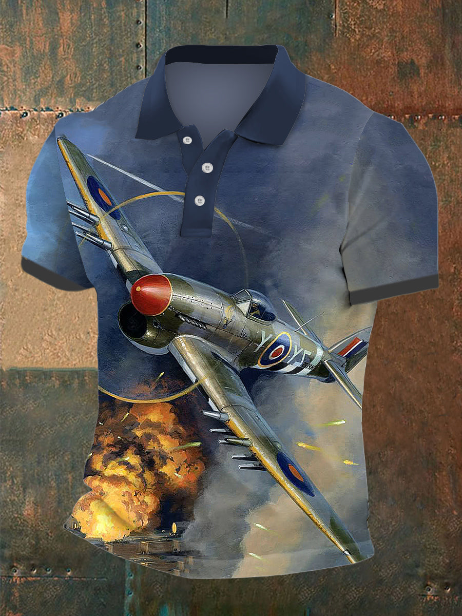 Men's Fighter Plane Print Polo Neck Plunger Short Sleeve T-Shirt