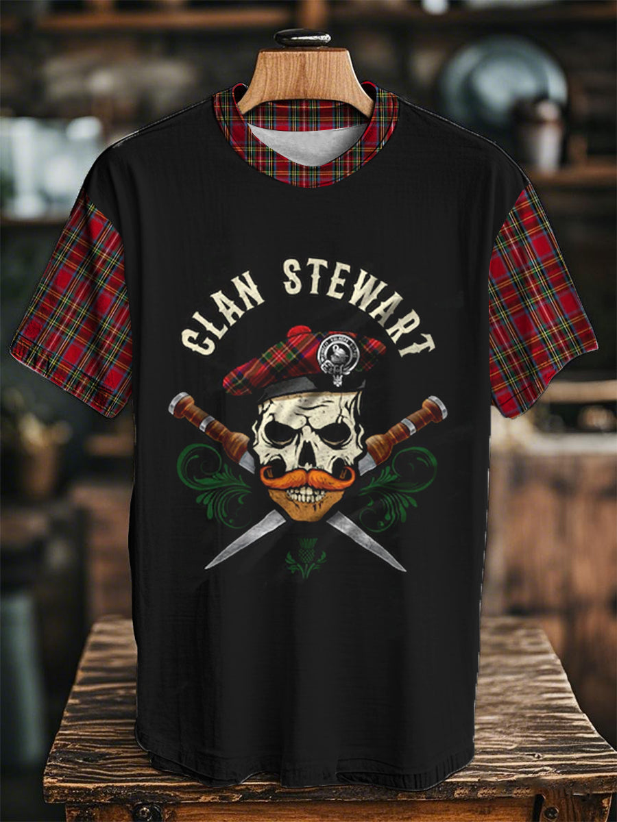 Unisex Clan Stewart Scottish Biker Skull Short Sleeves T-shirt