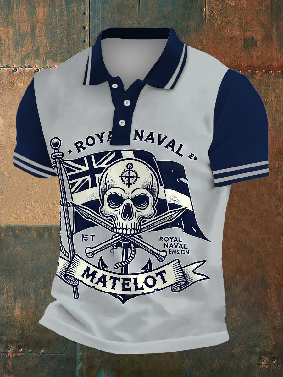Men's Skull Matelot Print Polo Neck Plunger Short Sleeve T-Shirt