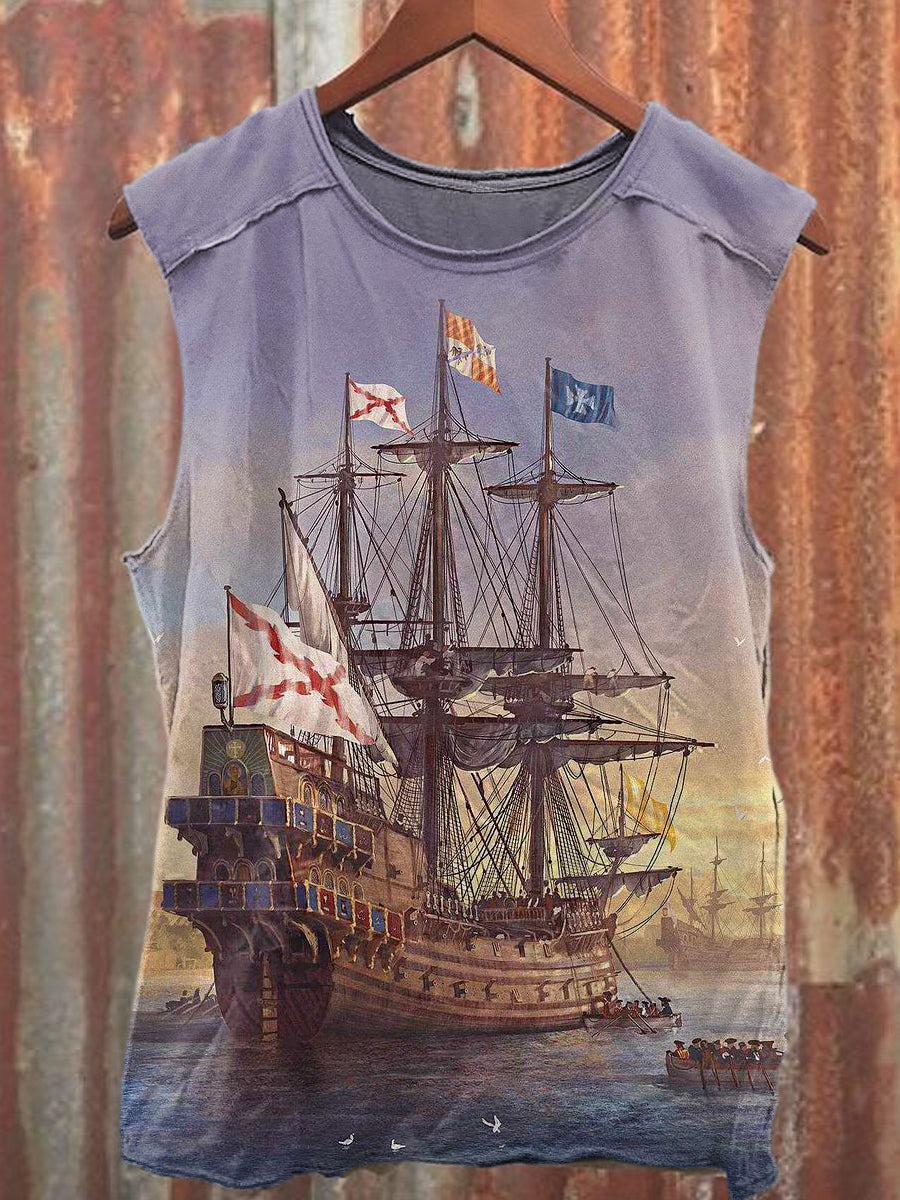 Men's Casual Sailing Ship Printed Tank Top