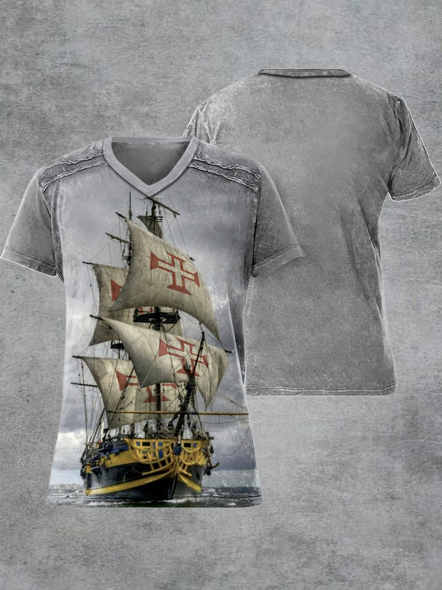 Men's Retro Cross Ship Printed V-neck Short-Sleeved T-shirt