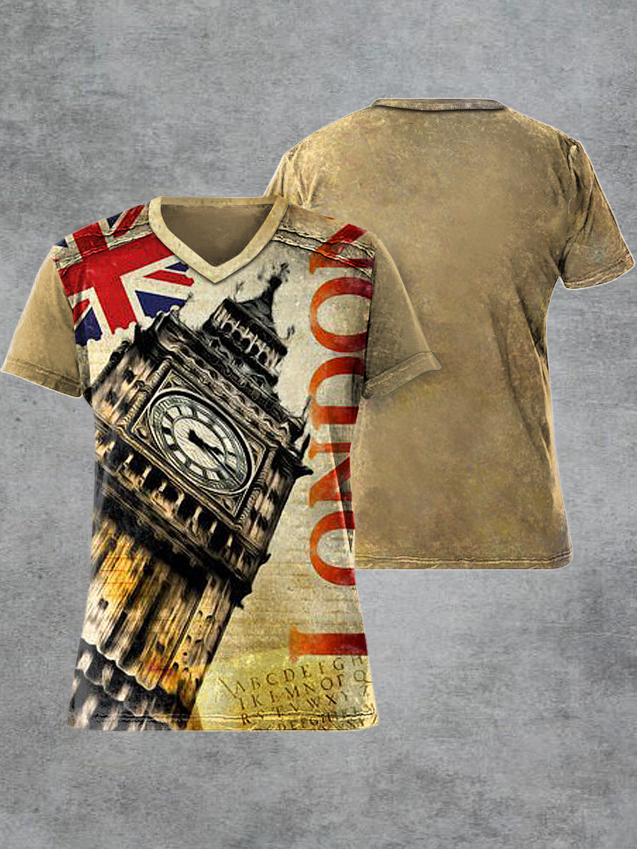 Men's Retro London Printed V-neck Short-Sleeved T-shirt