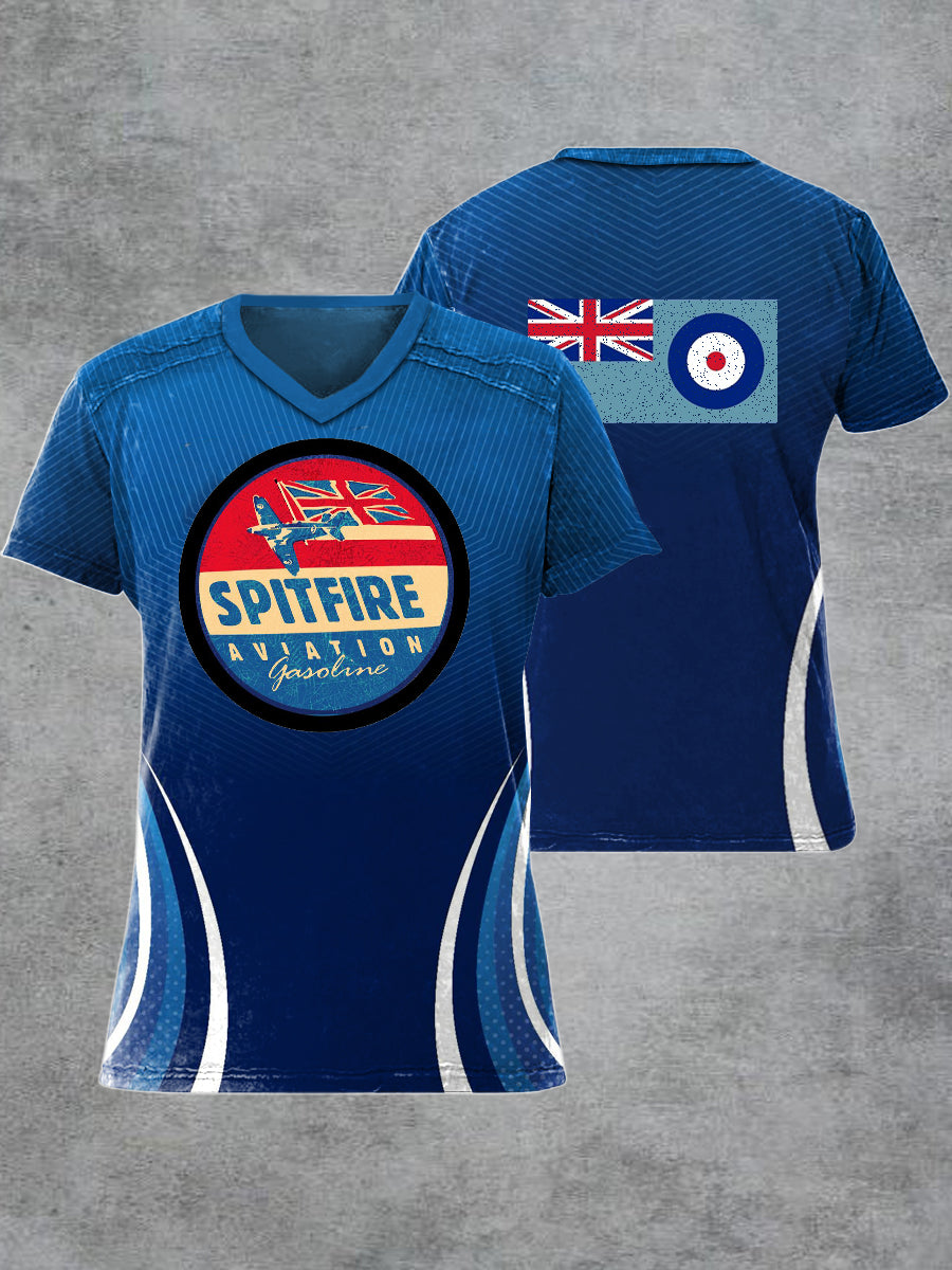 Men's Retro British Fighter Jet Printed V-neck Short-Sleeved T-shirt