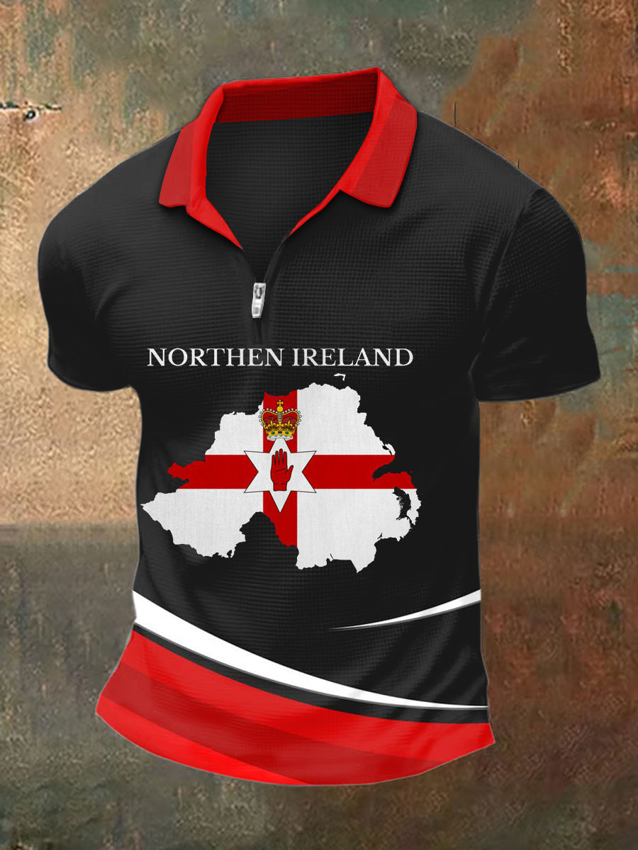 Men's Northern Ireland Print Polo Neck Plunger Short Sleeve T-Shirt