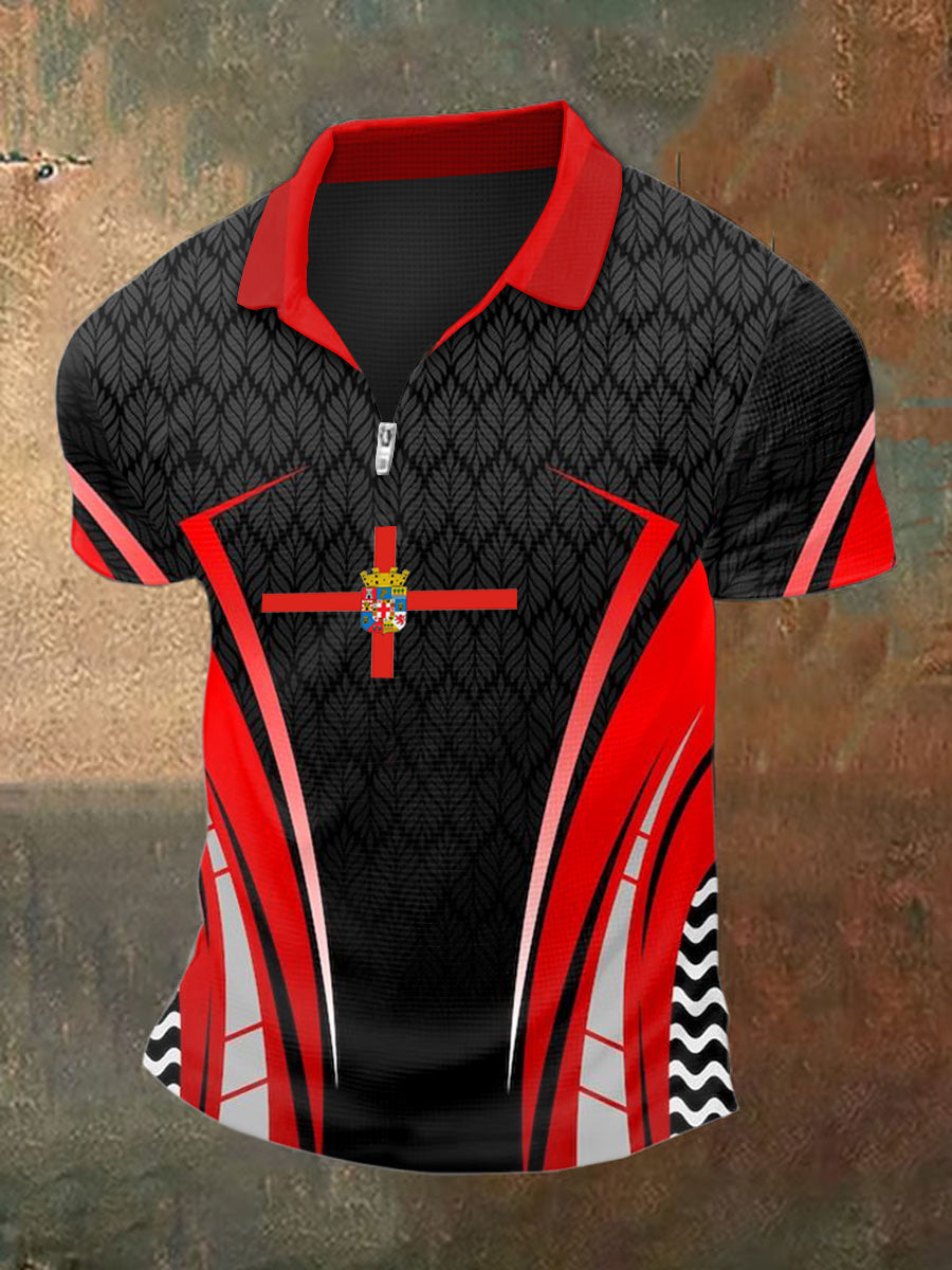 Men's Cross Print Polo Neck Plunger Short Sleeve T-Shirt