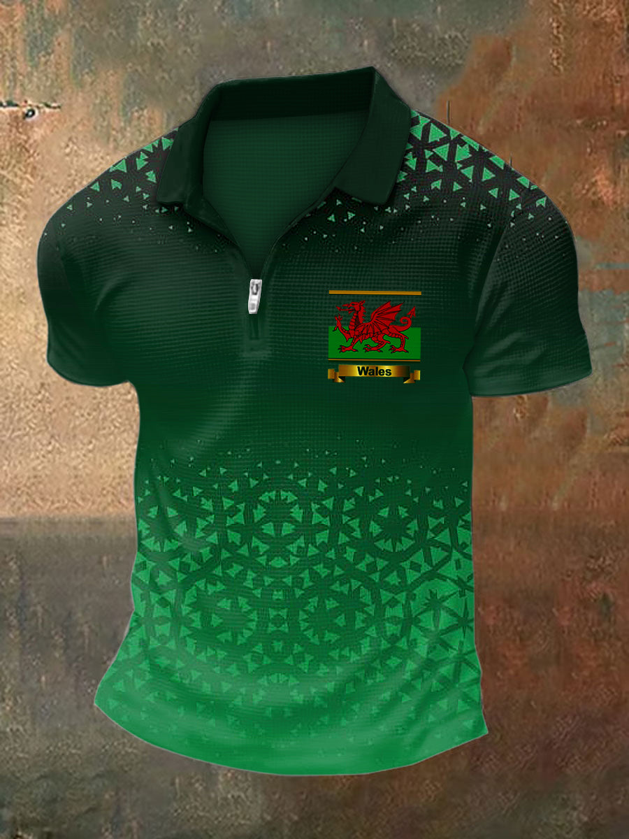 Men's Wales Print Polo Neck Plunger Short Sleeve T-Shirt