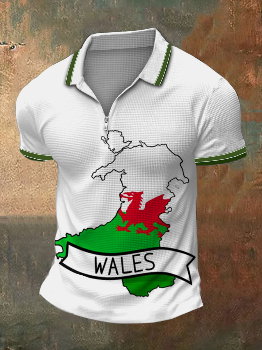 Men's Wales Print Polo Neck Plunger Short Sleeve T-Shirt