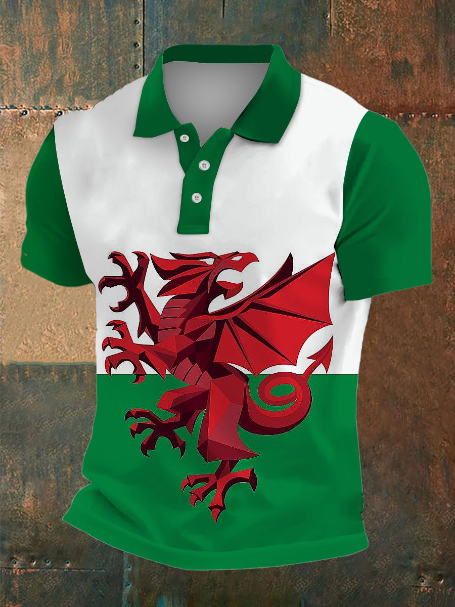 Men's Wales Print Polo Neck Plunger Short Sleeve T-Shirt