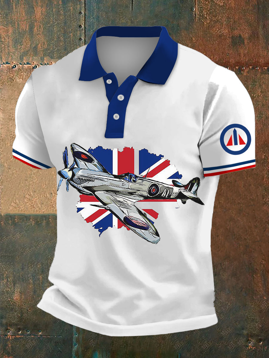 Men's British Fighter Jet Print Polo Neck Plunger Short Sleeve T-Shirt